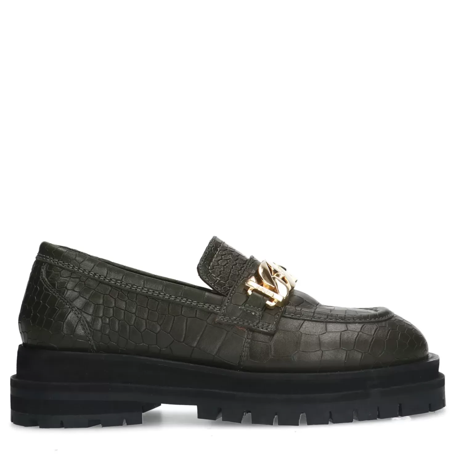 Sale Leather Loafers With Chain - Dark Green Women Moccasins