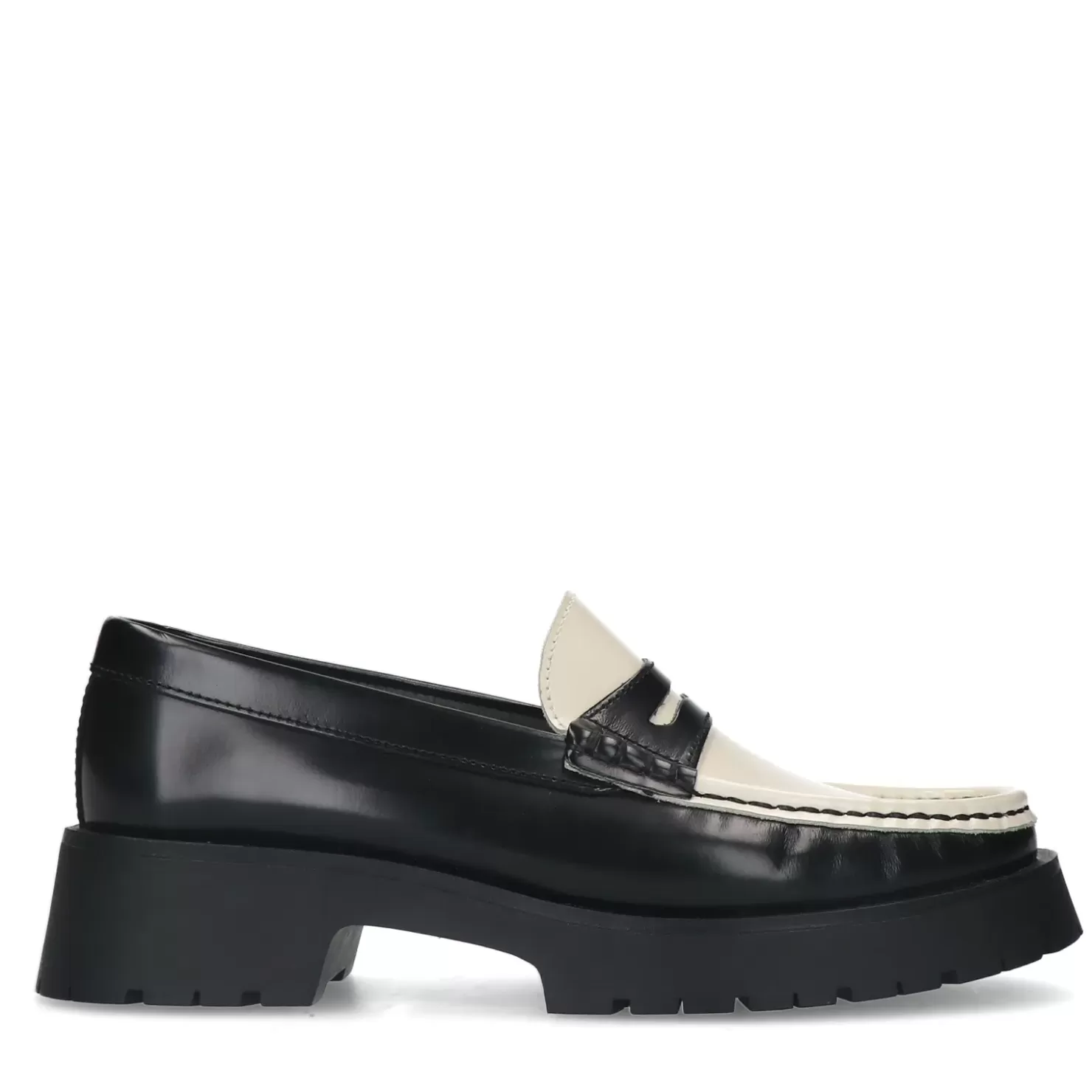 Cheap Leather Platform Loafers With Details - Black Women Moccasins