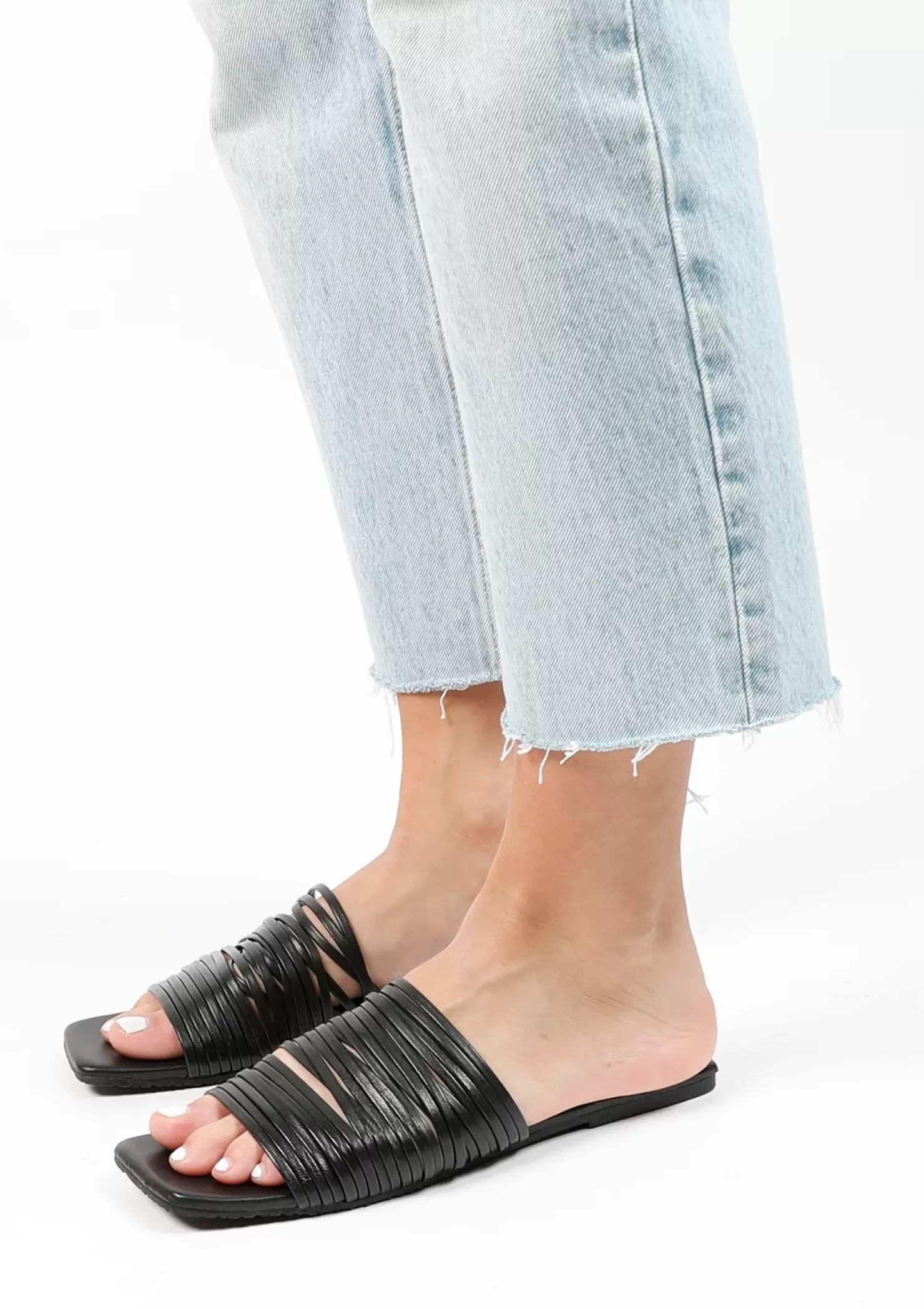 Cheap Leather Slides With Straps - Black Women Sandals
